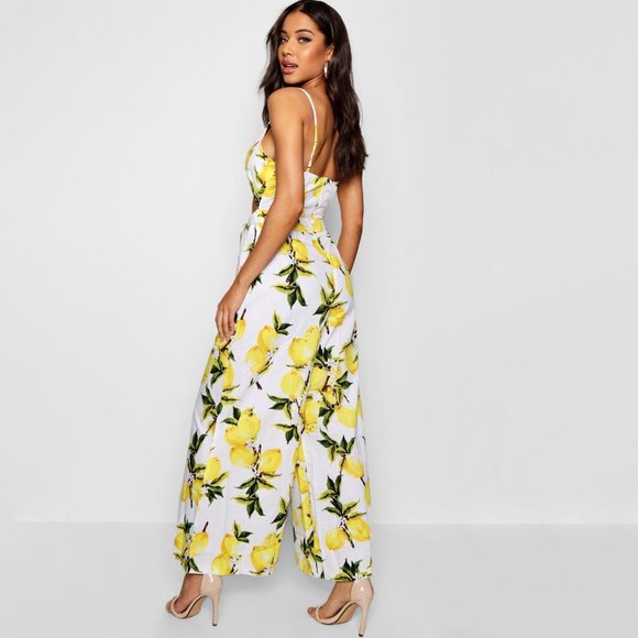 Boohoo Lemon Print Tie-front Culotte Jumpsuit - Picture 2 of 8